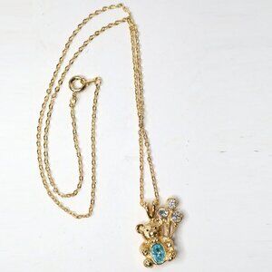 Vintage David Marks 1999 Teddy Bear Pendant Necklace Gold Tone Aquamarine DM